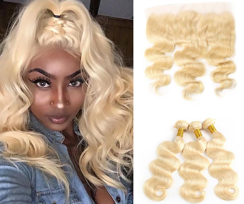 Blonde Color Brazilian Body Wave 3 Bundles With Frontal 100% Human Hair